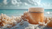 Luxurious skincare cream jar on sandy beach with turquoise ocean and dramatic sky background, showcasing natural beauty product in tropical paradise setting.