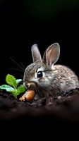 Adorable baby rabbit nibbling on fresh carrot in garden soil with green leaves against dark background, capturing innocent wildlife moment in natural setting.