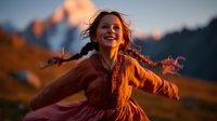 Joyful young girl with braids running freely in mountain meadow at golden hour, arms outstretched against snow-capped peaks.