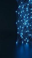 Abstract digital network with glowing blue nodes and interconnected lines on dark background, representing data connectivity, technology infrastructure, and global communication systems.