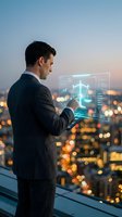Professional businessman using futuristic holographic interface with scales of justice symbol overlooking illuminated city skyline at dusk for legal tech concepts.