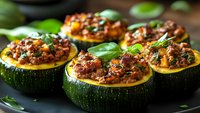 Round zucchini halves stuffed with seasoned ground meat and melted cheese, garnished with fresh basil leaves on dark plate, close up view of homemade meal.