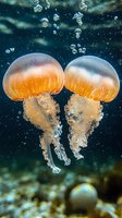 Luminous orange jellyfish pair floating gracefully in dark blue ocean waters, surrounded by tiny bubbles, showcasing natural underwater marine life in motion.