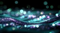 Abstract flowing wave with sparkling particles and bokeh lights in turquoise and purple colors on dark background for digital design projects.