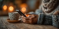 Senior woman in cozy gray sweater using smartphone at home with warm tea cup and soft bokeh lights creating comfortable evening atmosphere.