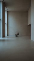 Solitary figure seated at piano in vast minimalist concrete hall with natural light from tall windows, conveying isolation and contemplation in modern architecture.