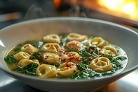 Homemade tortellini pasta in clear broth garnished with fresh herbs and red pepper flakes, served in white bowl with warm ambient lighting and selective focus.