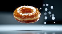Glazed donut floating in dark space with bokeh light effects, dramatic lighting highlights sweet caramel coating and soft dough texture, minimalist food photography.