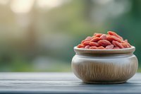 Dried goji berries in wooden bowl on table with natural blurred background for healthy eating and superfood nutrition concepts.