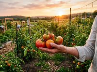 Farmer holding fresh ripe tomatoes in hand at sunset in vegetable garden field with crops growing in rows, harvest season agriculture.