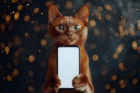 Ginger cat holding blank smartphone screen with paws against dark background with golden bokeh lights, funny pet portrait for social media and advertising.