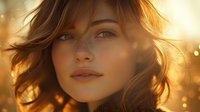 Young woman with auburn hair backlit by golden sunset light creating a dreamy atmosphere for beauty, skincare, or lifestyle content.