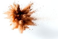 Explosive brown powder burst on white background, dynamic freeze motion of dust particles creating abstract cloud formation. Isolated for creative design use.