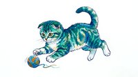 Playful striped kitten with turquoise and green fur pouncing on a colorful ball, isolated on white background. Perfect for children's designs, nursery decor, and playful projects.