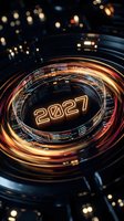 Neon glowing 2027 text centered in futuristic circular portal with golden light rings and bokeh effects, ideal for new year, technology, and future concepts.