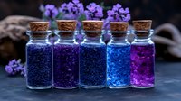 Magical glass bottles with colorful glowing crystals and cork stoppers arranged in row, purple flowers in background creating mystical potion atmosphere.