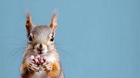 Curious red squirrel holding food with both paws against blue background, looking directly at camera with alert expression and perked ears. Close-up portrait.