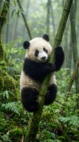 Giant panda cub climbing bamboo stalk in misty forest habitat. Young animal clinging to green stem surrounded by lush vegetation and foliage for wildlife and nature content.