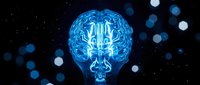 Glowing blue digital brain with neural network patterns and circuit board connections on dark background with bokeh lights for technology concepts.