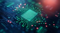 Glowing microchip on circuit board with neon green and red lights creating futuristic technology mood, macro photography with selective focus and bokeh effect.