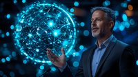 Mature Caucasian businessman in suit gesturing at glowing blue digital sphere network hologram against dark background with bokeh lights. Technology concept.
