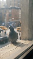 Urban pigeon perched on concrete ledge with blurred city street background featuring yellow taxis and historic buildings in soft natural lighting.