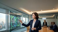 Professional businesswoman presenting sustainability data on interactive display in modern corporate boardroom with colleagues during meeting.
