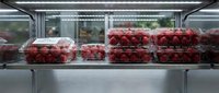 Fresh red strawberries in plastic containers displayed on refrigerated grocery store shelves under bright LED lighting for retail sale.