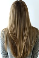 Long straight blonde hair from behind showing smooth texture and highlights on white background, wearing gray top. Perfect for hair care and beauty advertising.