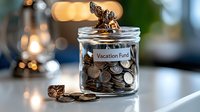 Glass jar labeled vacation fund filled with coins and money, illuminated by warm bokeh lights, representing savings and financial planning for travel dreams.