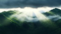 Dramatic sunbeams pierce through storm clouds over misty mountain ridges covered in dense evergreen forest, creating ethereal atmospheric landscape in morning light.