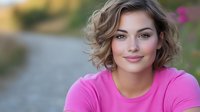 Young Caucasian woman with short wavy brown hair wearing bright pink t-shirt smiles warmly at camera against soft blurred natural background. Genuine expression conveys confidence and joy.
