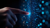 Finger touching digital data stream with glowing blue particles and bokeh effect in dark background, representing technology interface and digital transformation.