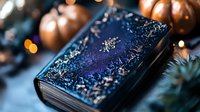 Vintage ornate book with mystical blue and purple cover adorned with silver filigree pattern against blurred holiday lights and decorative elements.