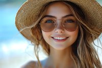 Young Caucasian woman wearing straw sun hat and stylish sunglasses smiles warmly at camera. Natural summer beauty with glowing skin and windswept hair against blue background.