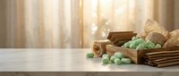 Wooden crates filled with fresh Brussels sprouts on rustic table with warm sunlight streaming through curtains creating cozy kitchen atmosphere.