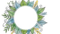 Hand-drawn botanical frame with green and blue leaves, swirls, and decorative elements surrounding white circular space for text or logo design.