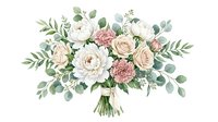 Elegant bridal bouquet with soft pink and cream roses, white peonies and eucalyptus leaves on transparent background for wedding design projects.