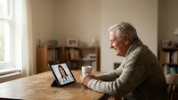 Senior Caucasian man having video call consultation with female doctor on tablet at home office desk, telemedicine healthcare technology concept.