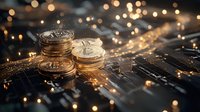 Golden cryptocurrency coins on circuit board with glowing bokeh lights and digital connections, representing digital finance and blockchain technology.