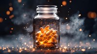 Glowing pine cone captured in glass jar with magical sparkles and smoke on dark background, creating mystical atmosphere for seasonal decor.