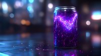 Glowing purple galaxy trapped inside aluminum can with magical sparkles and bokeh lights on dark background, cosmic energy drink concept for design projects.