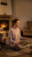Young woman practicing meditation in cozy living room with fireplace. Peaceful mindfulness session at home creating serene atmosphere for relaxation.