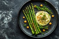 Grilled green asparagus spears with creamy mashed potatoes, fresh herbs and yellow cherry tomatoes served on black ceramic plate. Dark food photography.