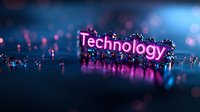 Glowing technology text with liquid metal effect on dark background with pink and blue bokeh lights creating futuristic atmosphere for tech presentations.