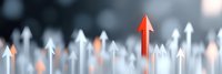 Red and white upward arrows on blurred background showing growth, success and leadership concept. Business analytics and financial performance visualization.