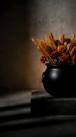 Autumn wheat stalks and dried flowers arranged in black ceramic pot on stone steps with warm dramatic lighting for seasonal home decor.