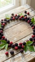 Fresh blackberries and raspberries arranged in a heart shape on rustic wooden surface with green leaves, ideal for food, wellness, and organic product marketing.