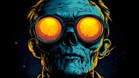 Dramatic skull wearing round sunglasses with glowing orange sun reflection against dark starry background, stylized in neon blue and yellow colors for modern apparel design.