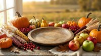 Autumn harvest arrangement with empty wooden bowl surrounded by pumpkins, gourds, apples, corn and berries on rustic surface near window with fall background.